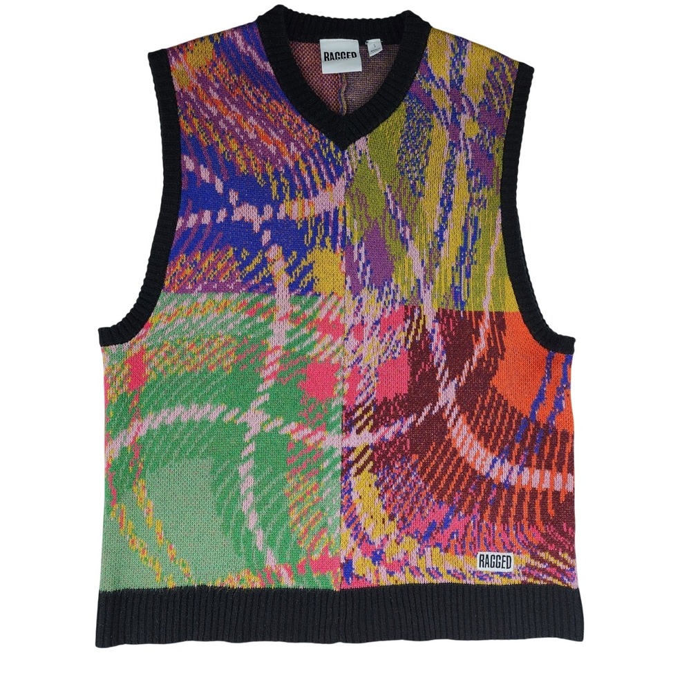 Ragged Sweater Vest S Multicolor Abstract Plaid Knit V Neck Streetwear Retro 90s